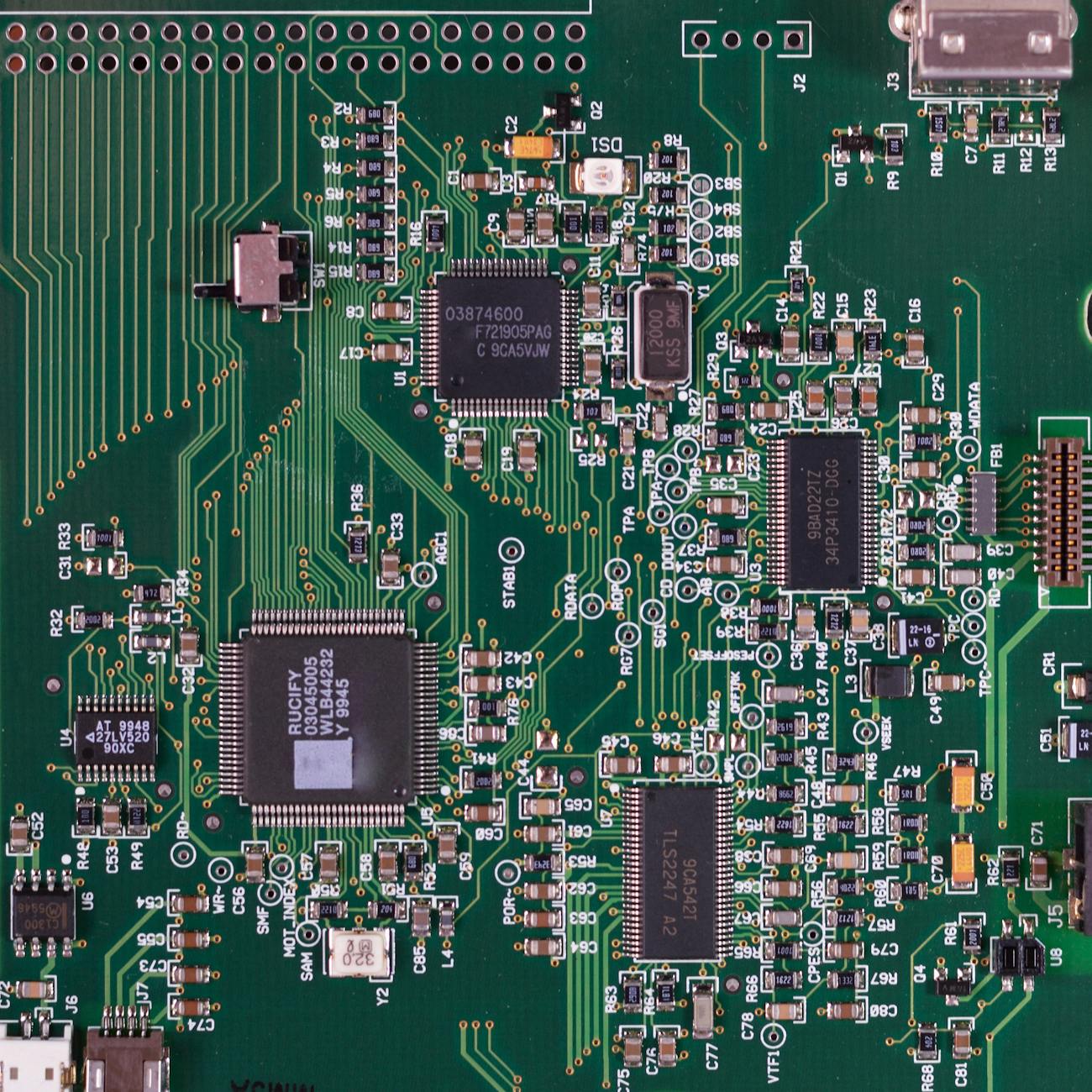 Image of a motherboard as an example or an application for integrated circuits.
